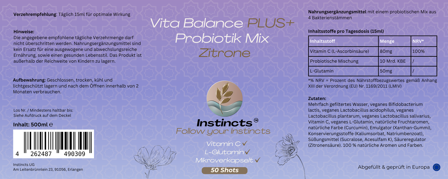 Vita Balance PLUS+  Probiotik Mix- mikroverkapselt - Zitrone - 500ml