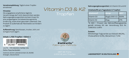 Vitamin D3 + K2 - 1.700 Tropfen (1.000 I.E.)
